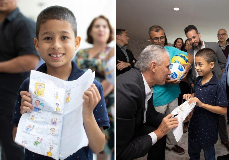 Menino que desenhou próprio álbum da Copa viaja pela 1ª vez de avião e conhece Tite e Marta