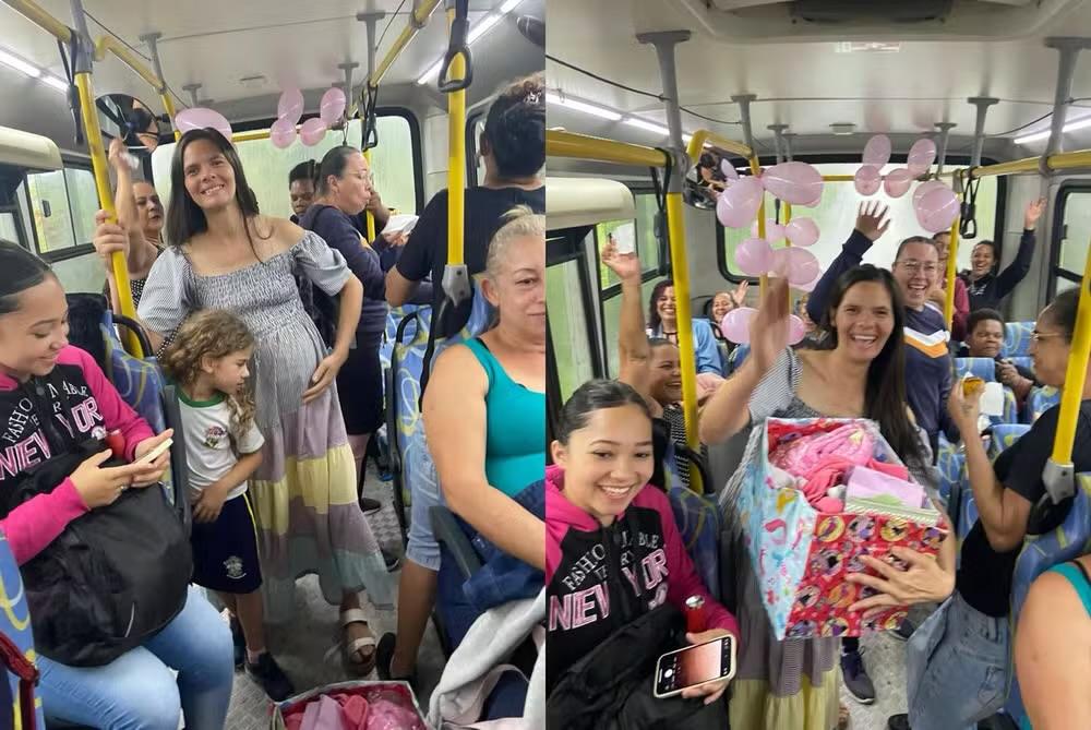 Gestante ganha chá de bebê surpresa dentro de ônibus em Araçoiaba da Serra