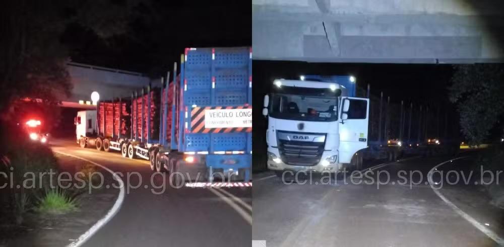 Carreta fica presa em viaduto na Castello Branco