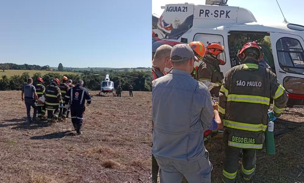 Trabalhador fica com a perna presa em máquina agrícola e é resgatado de helicóptero em Alambari