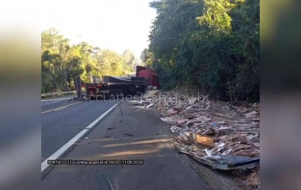 Carreta com 11 toneladas de piso cerâmico tomba ao desviar de tamanduá-bandeira em Avaré